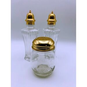 Vintage Glass Shaker Set 3pc Ribbed Salt Pepper & Kraft Parmesan Cheese Gold Lid
